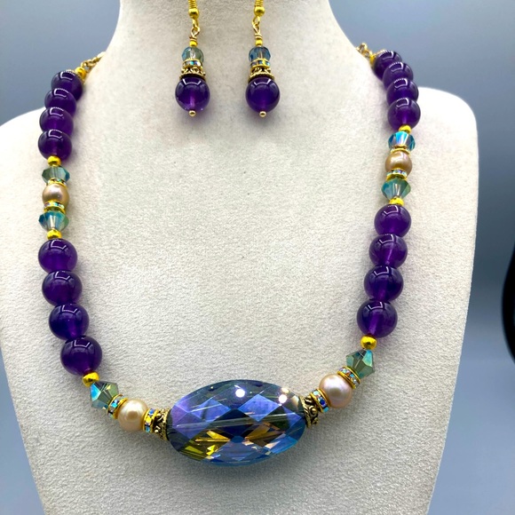 Genuine Amethyst, Champagne Pearl & Faceted Crystal Necklace Set - Picture 2 of 5